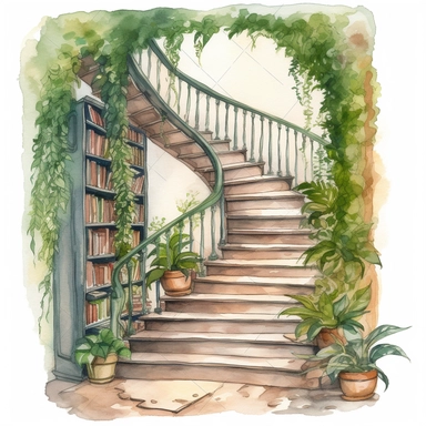 watercolor overgrown library hallway stairs clipart, no background, greenery