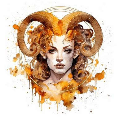 aries zodiac sign, goddess women, realistic watercolor style art, clipart, zodiac sign, epic, mystic, white background, in golden frame, detailed, 8k
