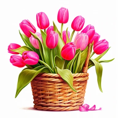clipart of hot pink tulips in a basket, in the style of uhd image, high detailed, stock photo, colorful realism, ornate still lifes, isolated on flat white background