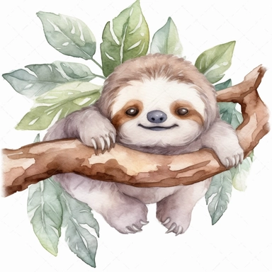 watercolor clipart, white background, charming cute and adorable perfect sloth having fun, perfect for stickers, perfect for print on demand