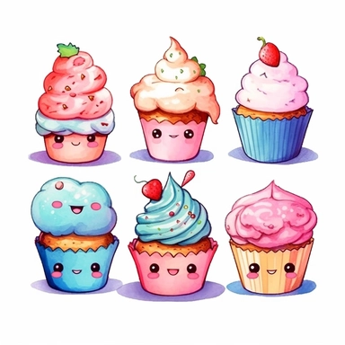 kawaii uwu cupcakes clipart, separate png, watercolor, single design, no overlap