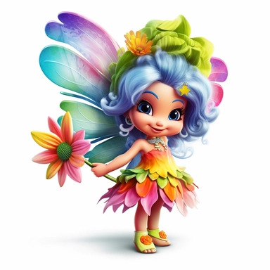 A 3D brightly colored cartoon character design of a tiny fairy with butterfly wings, wearing a flower dress, and a wand, with high detail, clipart stickers