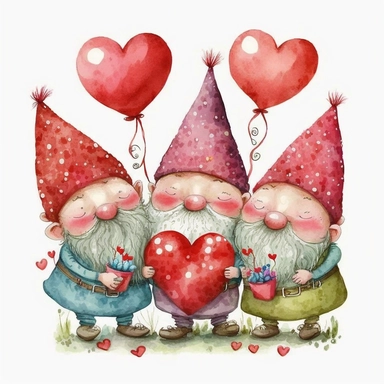 Watercolor happy 3 red gnomes valentine theme with red heart balloons, Clipart, Colorful, Retro, highly detailed on white background
