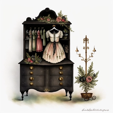 dark academia, christmas dresser, fairytale, folk art, watercolor, white background, clipart