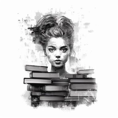 double exposure: a black shape of a beautiful girl's head with a messy bun, inside there is a bookcase with lots of books, clipart, isolated on white background, 4K,