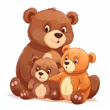 Clipart with cute bear family on white background. A big bear lovingly hugging or playfully interacting with the baby bear. Use different sizes of the bears to represent the relationships within the family
