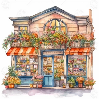 watercolor clipart of a whimsical flower store front, colored pencil drawing, beautiful illustration, good composition, vector, contour, isolated white background, rendered in 26k