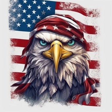 American flag with eagle scarf and sunglasses Sublimation Clipart, Cartoon funny, Cute anime, Very detailed, firework full color background