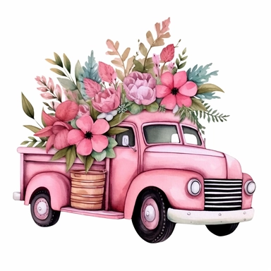 pink flower truck illustration clipart, detailed, black outline, white background, 4k, watercolor, digital art