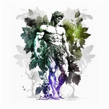 a Dionysus god with watercolor effect, full body,grapes and vine leaf,dark colors,unrealistic,fantastic scene,suitable for digital cliparts,white background