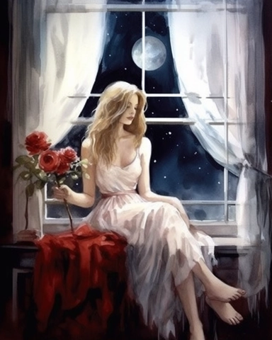 Watercolor clipart The young girl is sitting in front of the transparent French window with red roses. The curtains are floating, and the moon, a little starlight, a direct light shines from the French window, which is literary and artistic.
