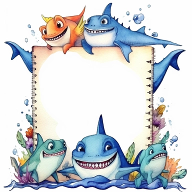 more page border of goofy, super adorable, cute, watercolour sharks, holding a school book that says Monsters at Schoop Clipart on it, pencil and art things, fluffy, big eyed, vibrant, smiling, on a pure white background in PNG format