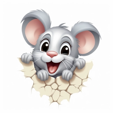 clipart, cute kawaii gray and white mouse sticking his head out of a hole in the wall, isolated on a white background, cartoon style, chibi style, vector, 3D, no shadows