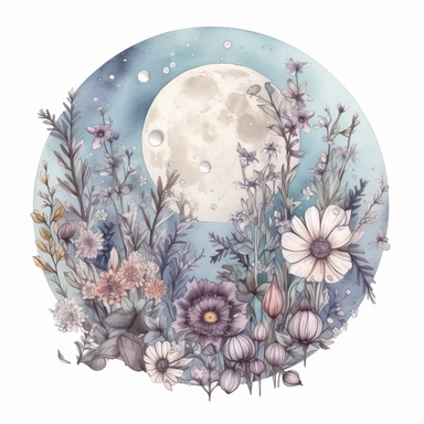 hand drawn full moon with wildflowers and celestial accents, muted colors of purple blue and grays, should be in a circle, very detailed and realistic, watercolor, white background with margins, clipart style