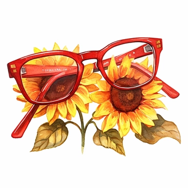 a watercolor of a pair of sunflower glasses, cherry academy style, cherry red nuances, vector free clipart illustration, in the style of unreal engine 5, 32k uhd, detailed features, white background