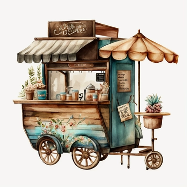 watercolour American style wooden coffee cart,beautifully deatailed American style coffee cart,png image,high resolution,300 dpi,graphic clipart,computer graphics