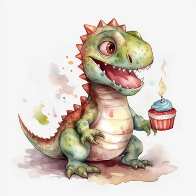 High resolution, cute dinosaur holding birthday cake, watercolor clipart, completely white background