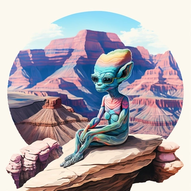 Boho style illustration, clipart, sublimation painting. An alien in the Grand Canyon National Park in Arizona. Bright colorful colors on a White empty background, high quality 8k, high quality detail