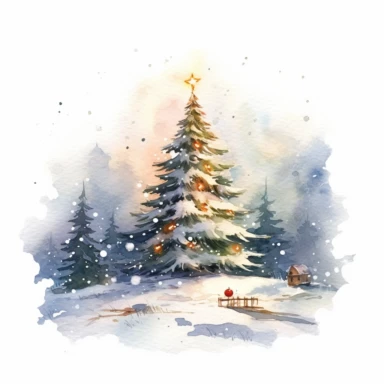 watercolor clipart of a christmas carol lighted tree is sitting, in the style of wollensak 127mm f/4.7 ektar, high dynamic range, svetlin velinov, joyful celebration of nature, snow scenes, akos major, digitally enhanced