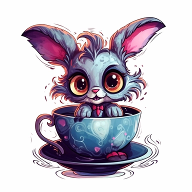 whimsical, cute, cartoon, clipart, bunny, teacup, sticker, in the style of Tim Burton