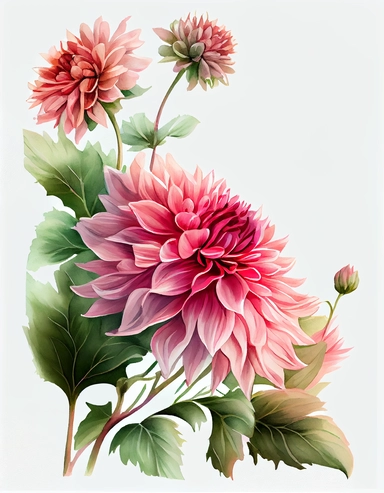 detailed watercolor art of pink dahlia flower corner border , isolated on white background, realistic, clipart