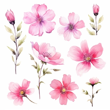 Enchanting watercolor clipart set featuring pink flower blossoms, each captured from a different angle, framed with soft and flowing brushstrokes, as if the flowers themselves are a gentle symphony, whispering melodies of love, joy, and the beauty of life, clipart on a white backdrop.