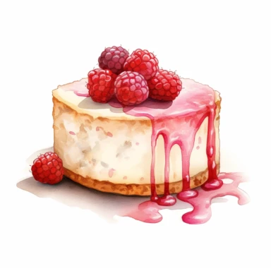 This highly detailed watercolor clipart depicts a heavenly White Chocolate Raspberry Cheesecake on a pristine white background. The artwork showcases the luxurious combination of creamy white chocolate and tart raspberries. The cheesecake is exquisitely rendered with intricate brushstrokes, highlighting its velvety texture and rich flavor. Plump raspberries add a vibrant burst of color, enhancing the visual appeal. Against the clean white backdrop, this clipart exudes an irresistible allure, mak