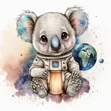 The most cutest cartoon baby koala with big open eyes, on a planet clipart, planets, watercolor, dream art, baby animals, vector art, children art, particles around the object, children cartoon, sticker art design, white background,