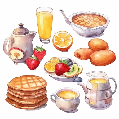 watercolor style breakfast clipart, toast, egg, sausage, waffles, mushrooms, coffee, orange juice, pancakes and fruit on a white background