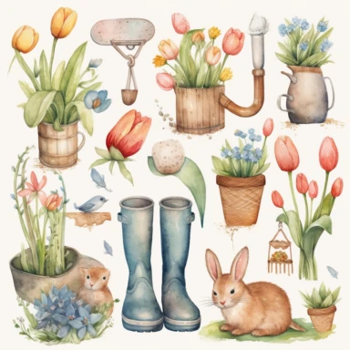 spring time watercolor storybook illustrations clipart set, watercolor, white background, simple, soft colors, boho, minimalism ,garden tools accessories ,birds, butterflies, balloons, wooden pots, rubber boots ,hedgehog, bunny, ladybirds