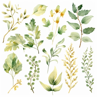 watercolor greenery clipart, gold foil and green leaves, soft colors, individual design, 8k