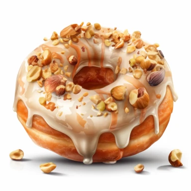 a doughnut that is covered with cream, nuts and caramel, in the style of digitally manipulated images, kodak ektar, matte photo, transparent/translucent medium. hand-painted watercolor. Transparent background, clipart,vector . ultra-sharp photography ,ultra realistic translucent, hyper detailed, hyper realistic, 8K.Super-Resolution, extreme detail, hyperrealistic, hyperdetailed, exquisite detail, intricately-detailed, ultra-detailed photography, photorealistic, 32K, HDR, octane rendering--no bac