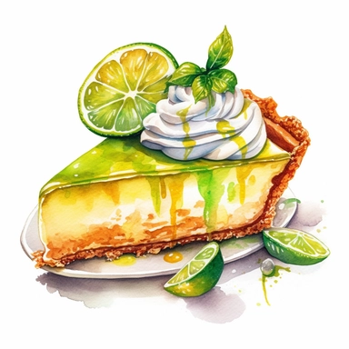 Watercolor clipart of Key Lime Pie: This tangy and creamy pie is a popular dessert during the summer months, often made with a graham cracker crust and topped with whipped cream, intricate details, vector, hyperrealistic, white background, no splashes,