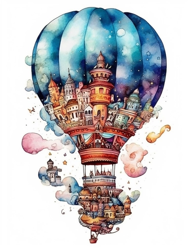 fantasy watercolor clipart with white background, hotair balloon detailed with a splendid meta galaxy, incorporate an artistic theme and attention to stitching and gradients, flat design, clearly defined separated image, high quality