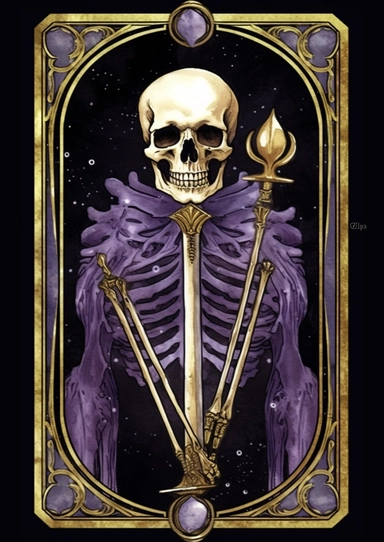 Realistic watercolor clip art of the tarot card Death, black background, purplish gold frame, ultra sharp