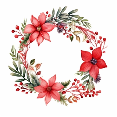 one Christmas round flower frame clipart seamles ornament on a white background, in the style of watercolor landscapes, red and green, no watermark, text, 300 DPI , typography, shapes do not stick together, no text in the picture, on a white background