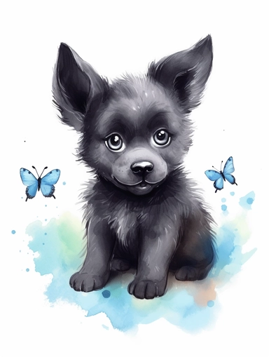 cute happy black wolf cub with butterfly on the nose, pastel watercolor, clipart, solid background