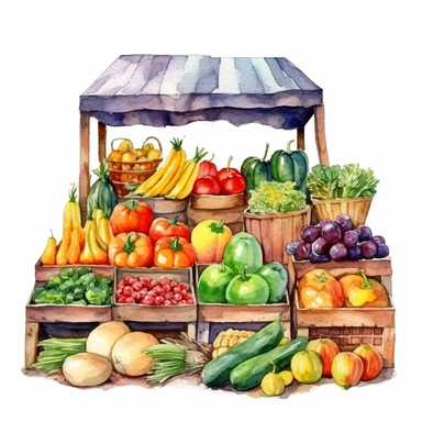 watercolor colorful clipart of a bountiful farmer's market, hd, on white background