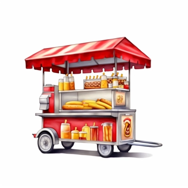 hyper-realistic watercolor clipart of a mobile hot dog stand on a white background. The stand should have a sleek and compact design, reminiscent of the iconic New York street style. Depict a streamlined cart with a simple color palette, such as silver or gray, with pops of red accents. Ensure the clipart includes essential elements such as the serving window, grill, condiment area, and a small seating counter if desired. Emphasize the presence of the grill, showing it as a prominent feature of 