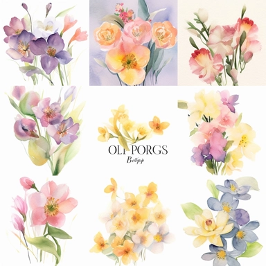 Create a breathtaking collection of ultra-detailed Watercolor Spring Flowers, capturing the essence of the vibrant and blossoming season. Showcase an array of enchanting spring blooms, from delicate daffodils to a variety of wild flowers, each delicately painted in watercolor. Embrace the soft pastel palette of spring, with gentle hues of pinks, purples, yellows, and greens that evoke a sense of freshness and renewal. Pay meticulous attention to detail, ensuring that each flower is meticulously 