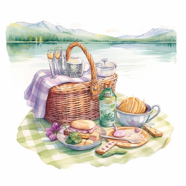 watercolor, hyper realistic, white background, white margins, 16k, ultra detailed clipart, cut out image, hand-drawn a picturesque lakeside picnic scene, with a soft pastel-colored blanket, a basket of treats, and a serene view of the lake. Soft pastel shades inspired by nature, such as pale blue, mint green, lavender, baby pink, and light yellow.