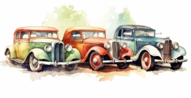 Adorable old cars collection clipart, intricate details, vivid colors, white background, ornamental watercolor clipart, I can't believe how beautiful this is
