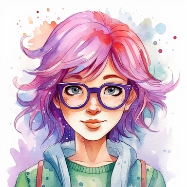 watercolour clipart of a girl with pink or purple hair , green eyes, with glasses, she is the catalyst for her group shared common dreams, binding the girls together. She is direct, occasionally sharp-tongued, and highly empathetic. With a heart full of compassion, she never hesitates to lend a helping hand to anyone in need. She`s dedication to their craft is unparalleled, make her smiling, exalted mood, white background, 8k, f1