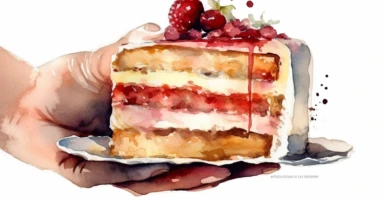 watercolor clipart white background a person is holding one slice cake, in the style of multi-layered compositions, red and beige, raw versus finished, i can't believe how beautiful this is, smilecore, ferrania p30, bunnycore