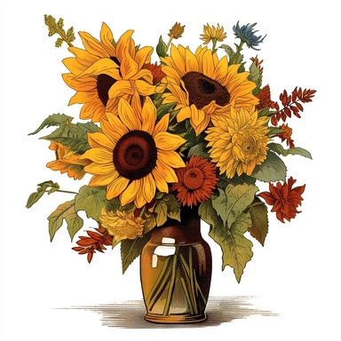 clipart, a bouquet of yellow sunflowers, vintage seed catalog style, Cole's garden annual 1915 , high quality Vector illustration. Isolated on a white background, no gradient, text