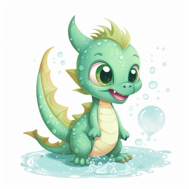 cute fairy tale clipart dragon on white background - A baby dragon with big eyes, small wings, and a cute belly. It has a friendly expression and is blowing bubbles out of its nose.