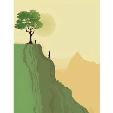 create a basic illustration clipart, super minimalist, very basic colours, with the silhouette of a woman climbing a large and thought mountain, a beautiful small tree at the top of the mountain representing success that the lady is looking for, motivational image, with very basic forms, basic and light yellow, brown and green shades, with very tiny flowers on the road of the small lady is walking towards the top.