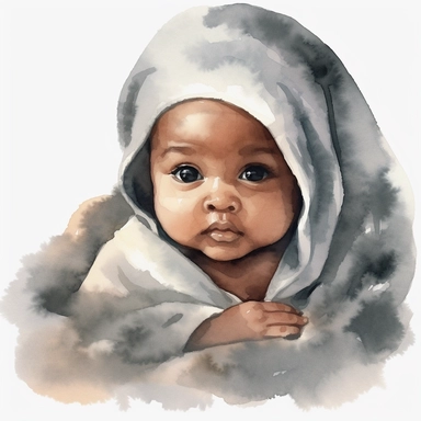 Watercolor cute new born black baby on a cute blanket, clipart, singel clipart, High resolution, white blanket, 8k