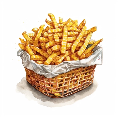 A captivating watercolor, hyper - realistic clipart image with a white background and white margins, portraying a basket of crinkle - cut fries. The ultra - detailed, hand - drawn elements capture the distinct crinkle shape and texture of the fries. Use bold shades of yellow and brown to create a visually enticing image that showcases the nostalgic appeal of this childhood favorite