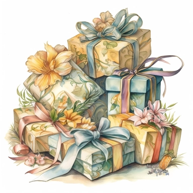 insanely beautiful pile of 3 gift packages , in the style of beatrice potter, jody bergsmay32k uhd, hand-painted details, pastoral illustrations, amazing colour combinations , aquarellist, hd , white background clipart ,-- no watermark--ar 27:37
